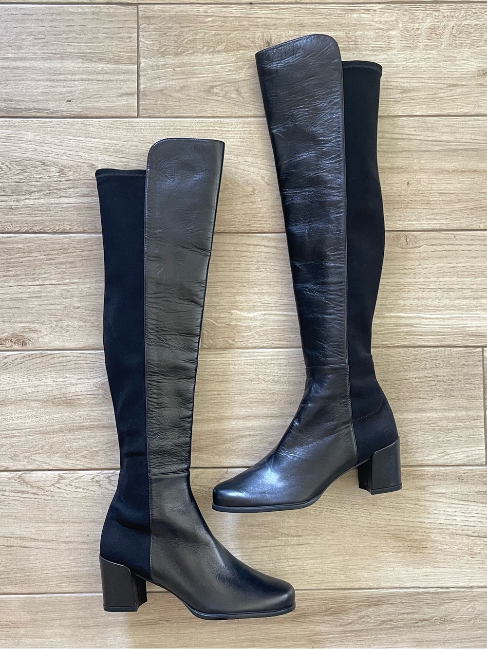 New Stuart Weitzman Classic Black Over-the-Knee Block Heel Leather Boots